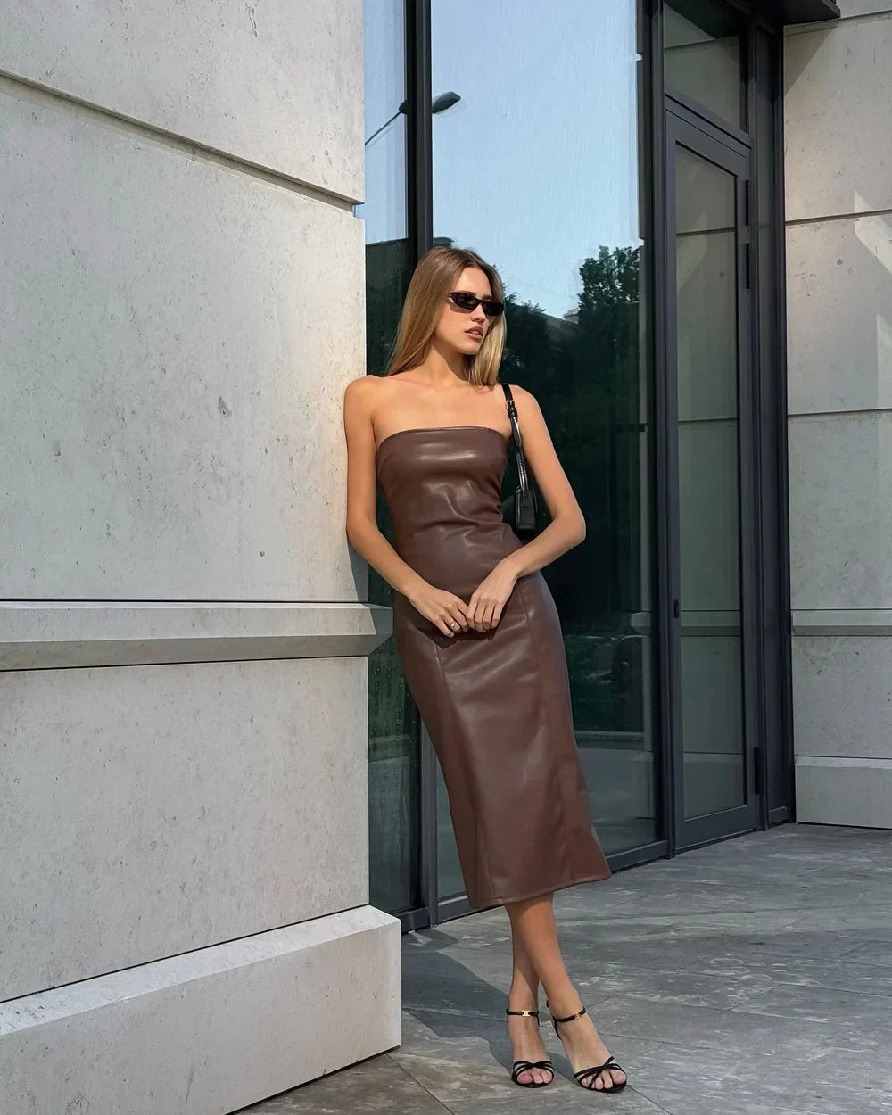 Strapless Slit Patchwork Faux Leather Mssaz Desses