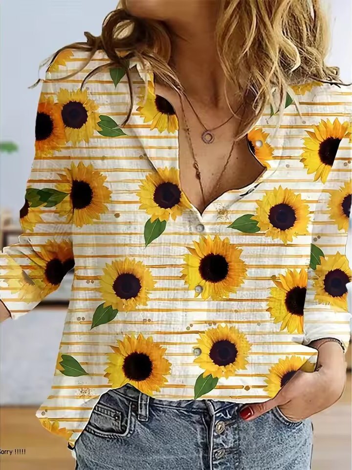 Stylish Single-Breasted suflower Print Casual Basic Tops Mssza