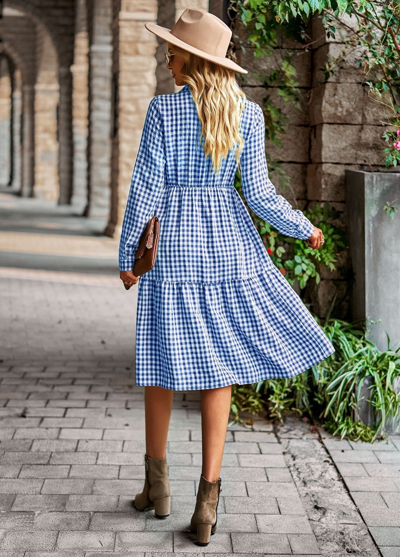 Plaid Print A-line Long Sleeve Shirt Dress Mssaz Desses