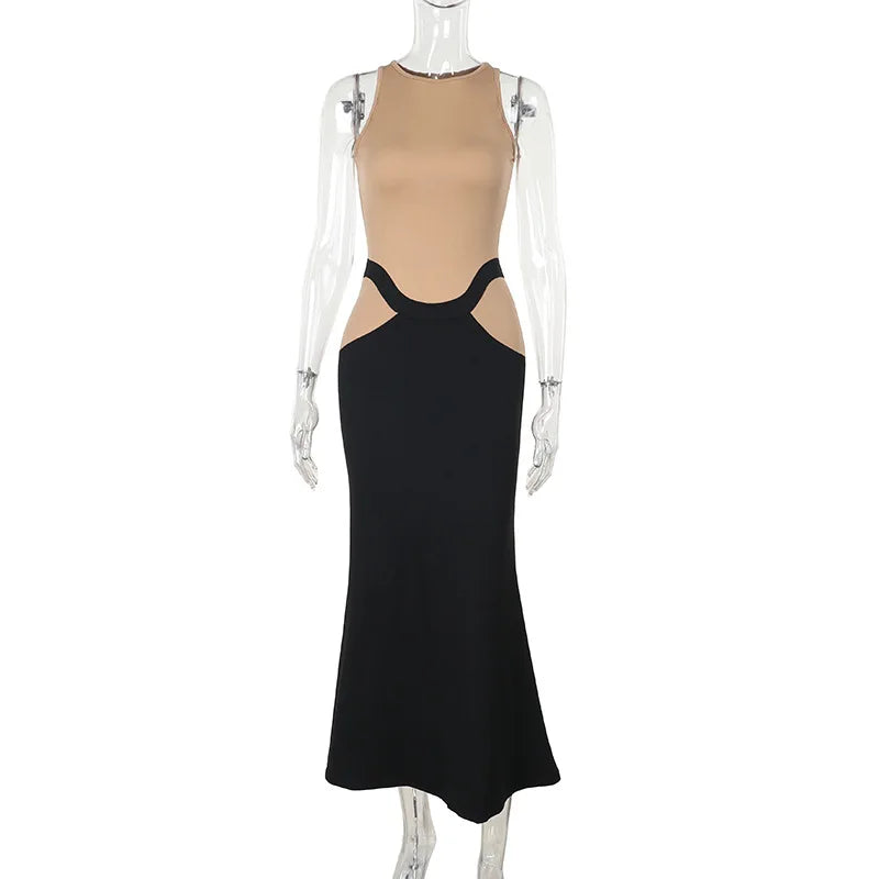 Sleeveless Patchwork Contrast Long Dress Mssaz Desses