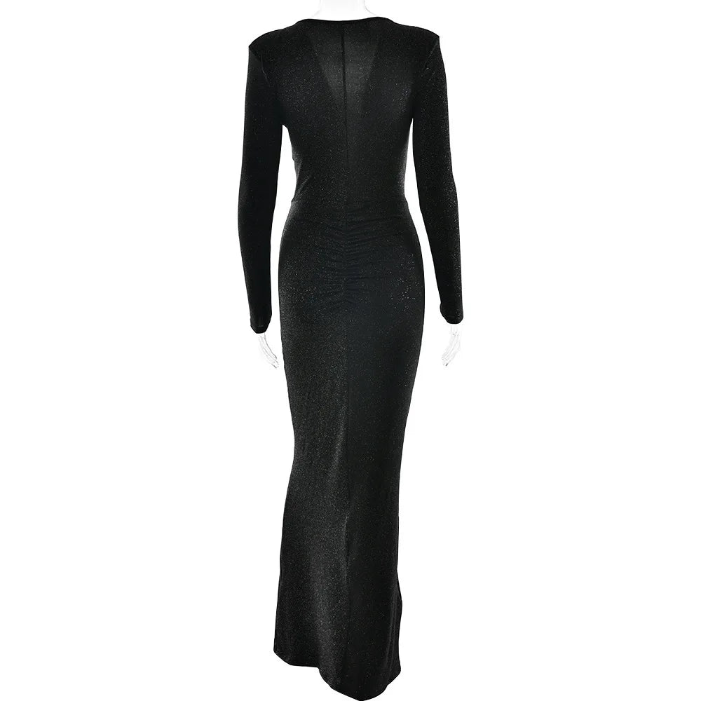 Elastic Deep V-Fold Lace Maxi Dress Mssaz Desses