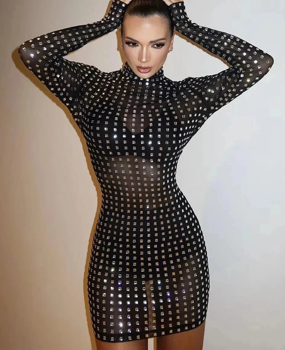 Diamond Crystal Long Sleeved Mini Dress Mssaz Desses