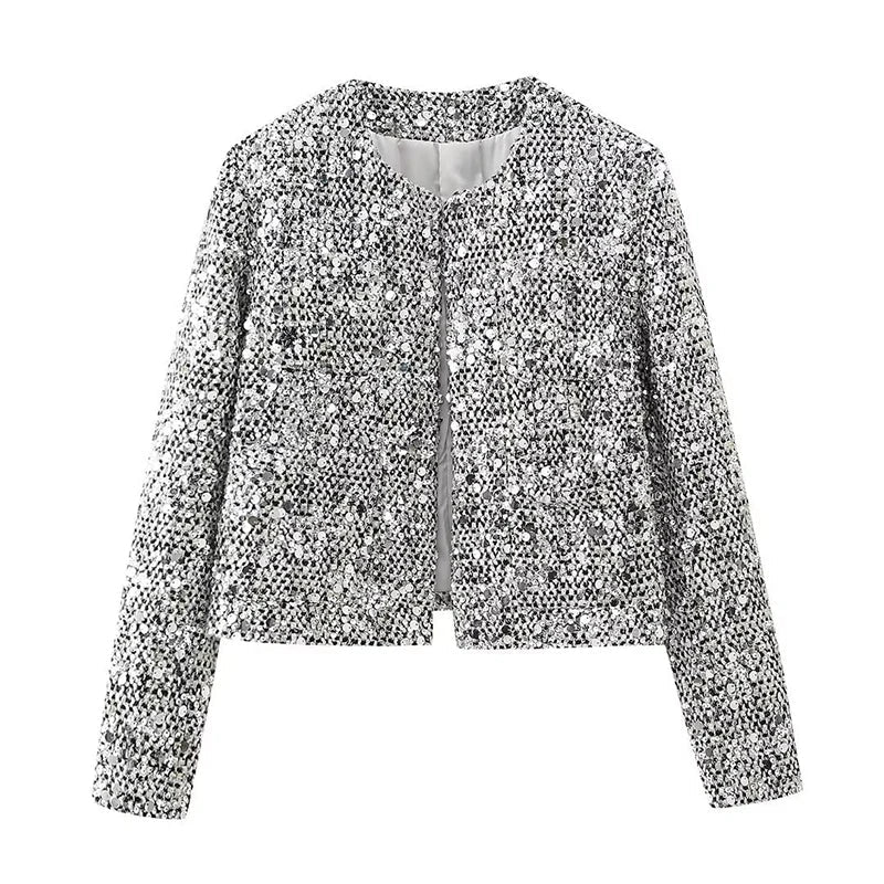 Silver Sequin Embellished Round Neck Short Coat Mssaz Desses