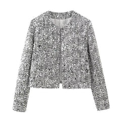 Silver Sequin Embellished Round Neck Short Coat Mssaz Desses