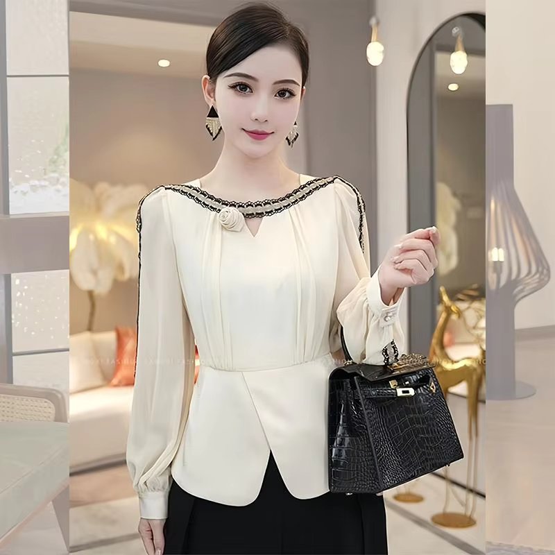 Casual High-end Top with a Unique and Elegant French Style White Long Sleeved Top Mssza