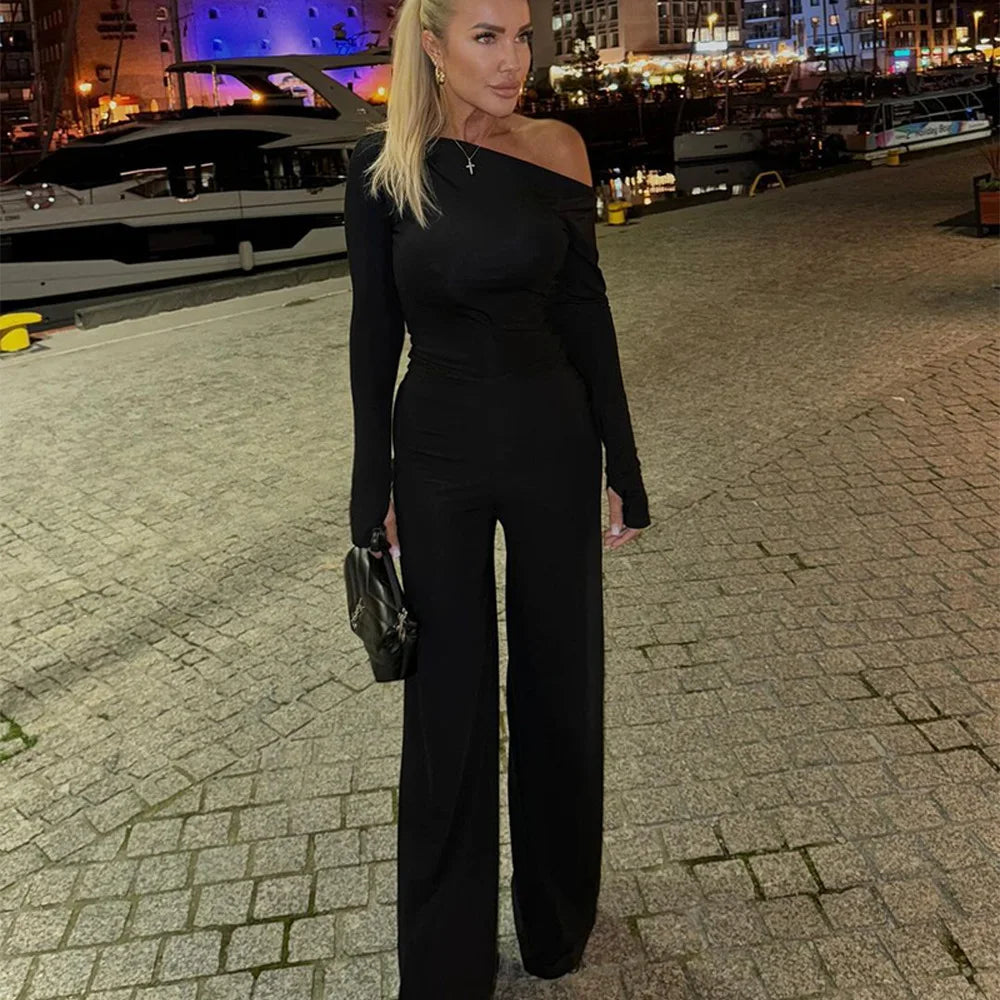 One Shoulder Flare Sleeve Top Long Pant Suit Mssaz Desses