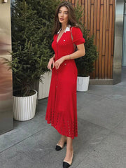 Ribbed Contrast Collar Short Sleeve Buttoned Midi Dress Mssaz Desses