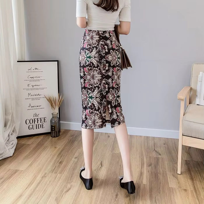 Printed Split High Waist Zipper Bag Hip Casual Commuter Skirt Mssza