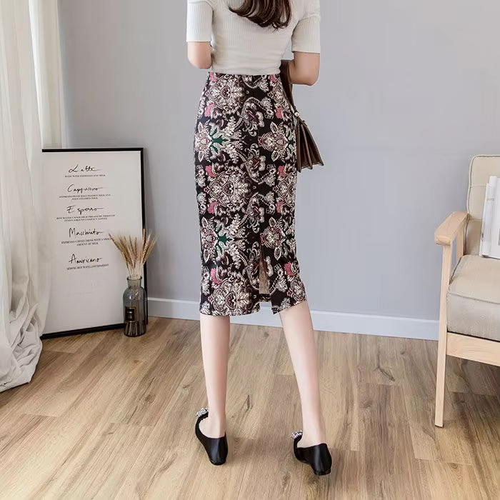 Printed Split High Waist Zipper Bag Hip Casual Commuter Skirt Mssza