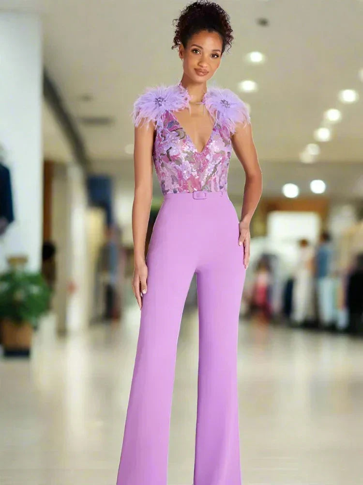 Sleeveless Sequins Feathers Lavender Jumpsuit Mssaz Desses
