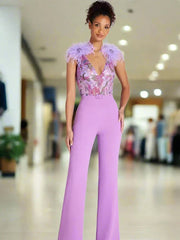 Sleeveless Sequins Feathers Lavender Jumpsuit Mssaz Desses