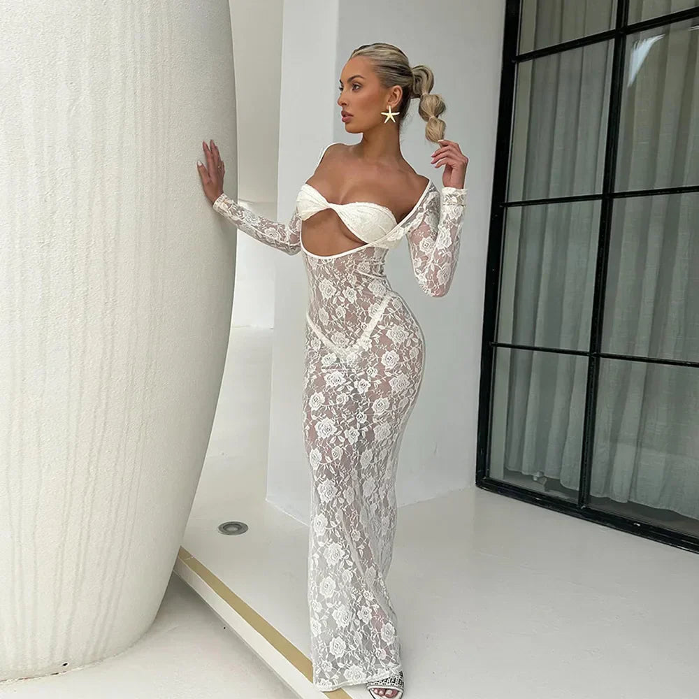 Perspective Lace Hollow Out Bodycon Maxi Dress Mssaz Desses