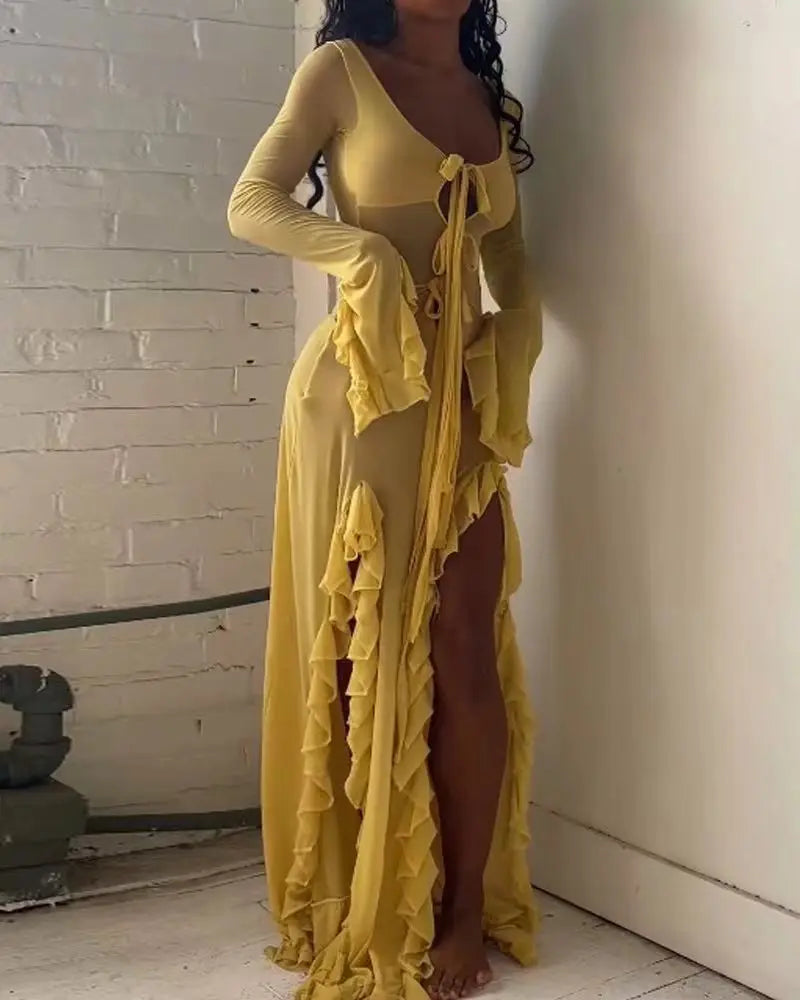 Slim-Fit See-Through V-Neck Long Sleeve Dress Mssaz Desses
