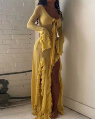 Slim-Fit See-Through V-Neck Long Sleeve Dress Mssaz Desses