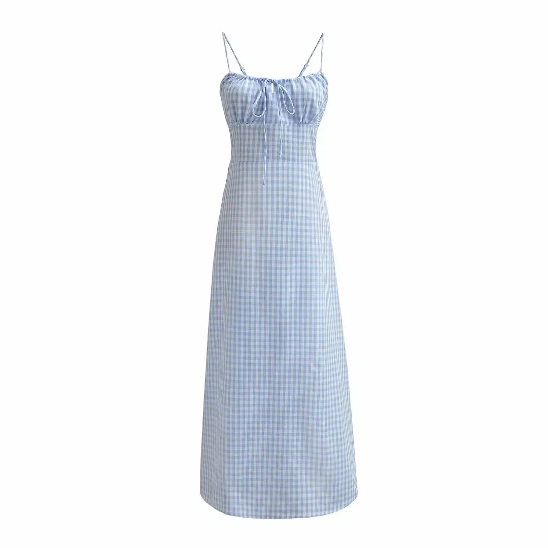 Spaghetti Strap Tie Up Plaid Pink Midi Dress Mssaz Desses