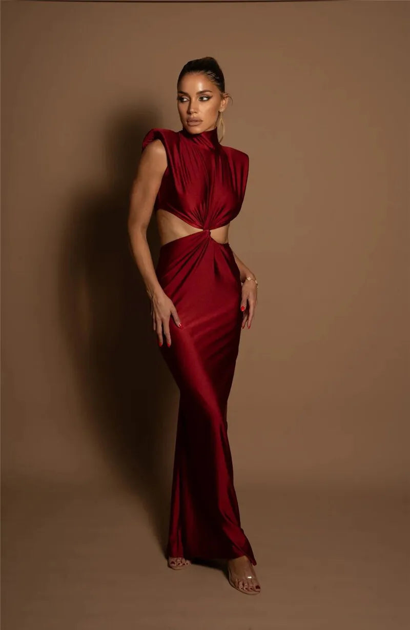 Hollow Out Turtleneck Solid Maxi Dress Mssaz Desses