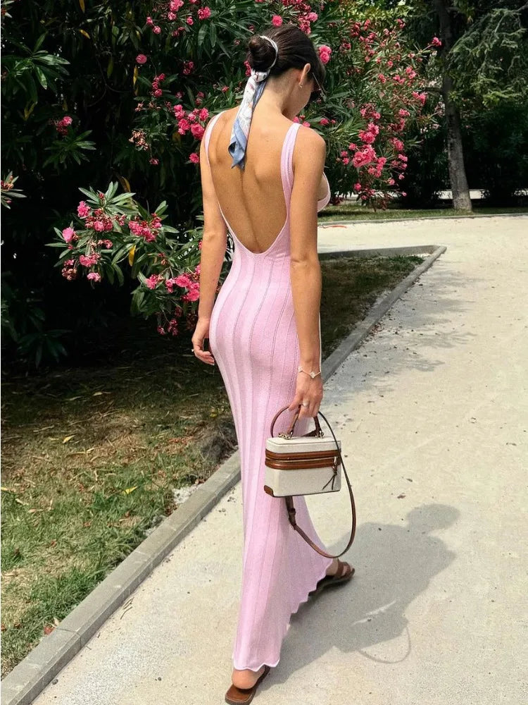 Knit Ribbed Open Back Solid Long Dress Mssaz Desses