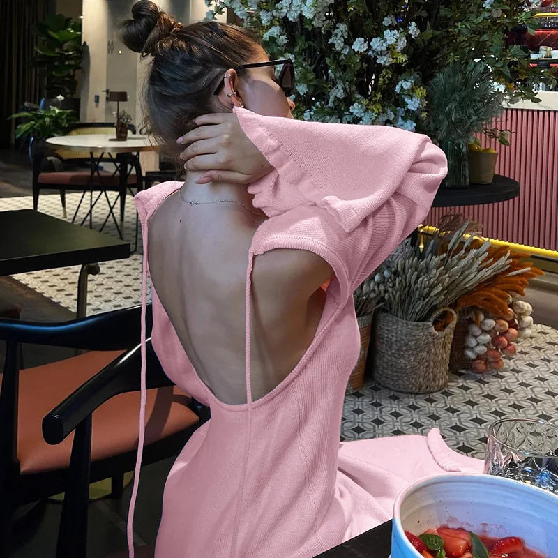 Flare Sleeve Open Back Lace Up Knitwear Long Dress Mssaz Desses