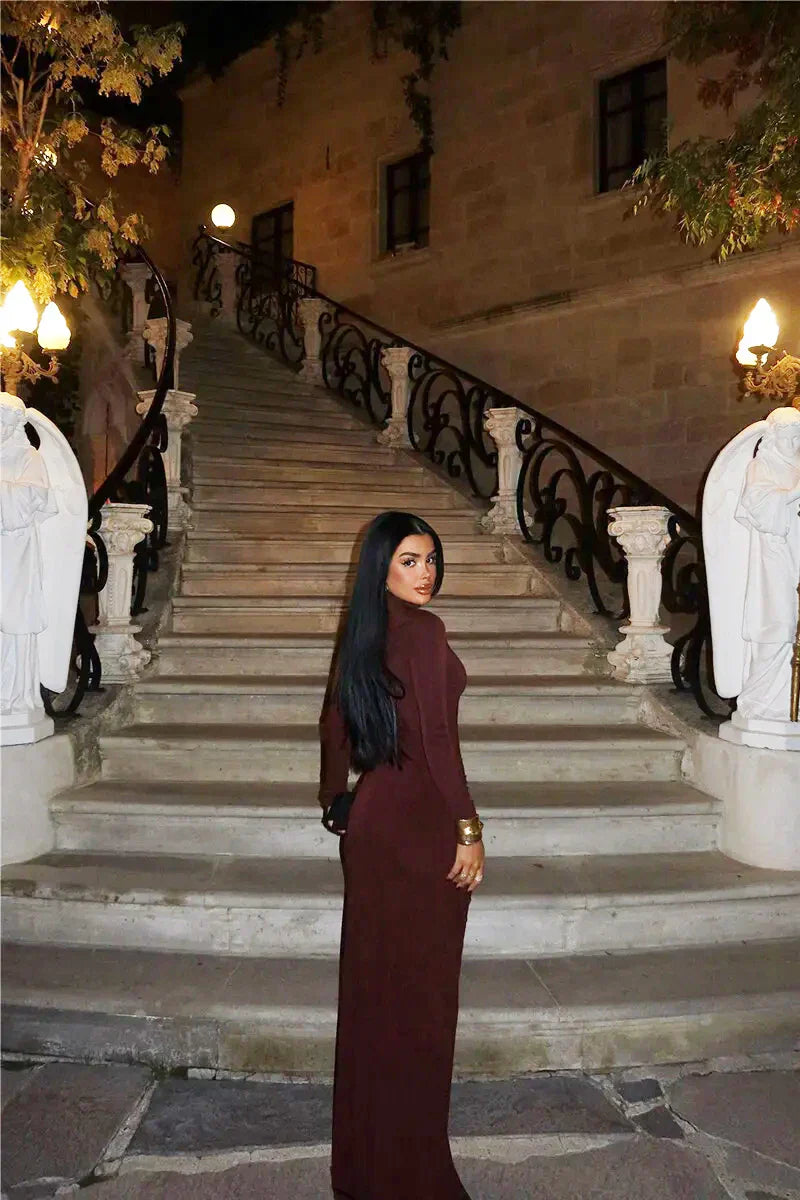 Turtleneck Hollow Out Thigh High Split Dress Mssaz Desses