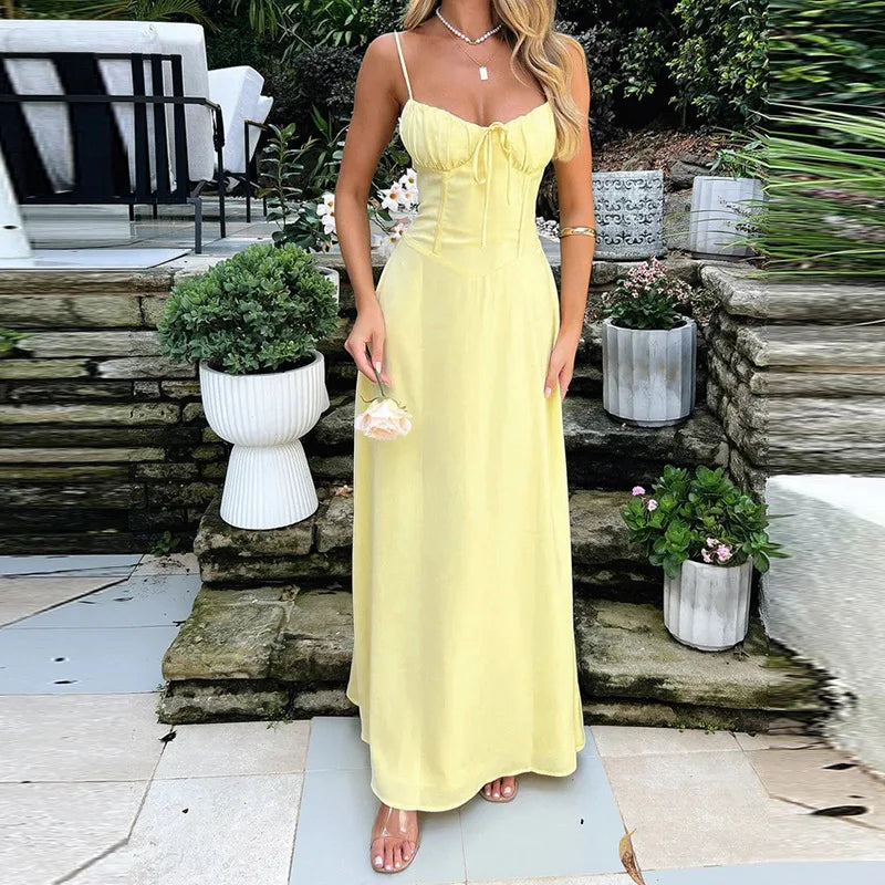Spaghetti Strap Solid Fit and Flare Long Dress Mssaz Desses