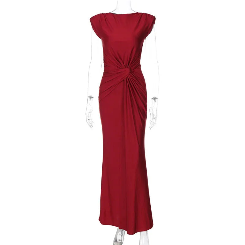 Solid Boat Neck Twist Knot Long Dress Mssaz Desses