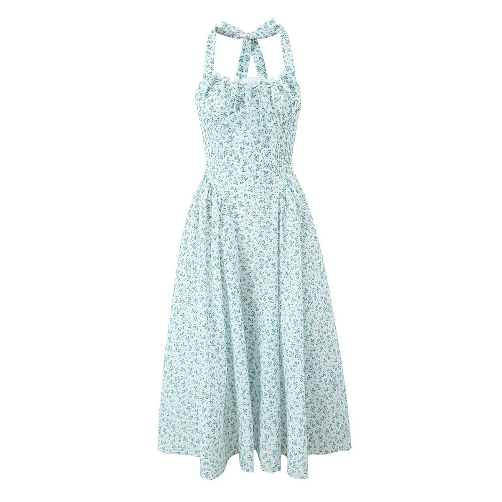 Floral Bow Halter Neck Lacing Up Midi Dress Mssaz Desses