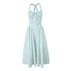 Floral Bow Halter Neck Lacing Up Midi Dress Mssaz Desses