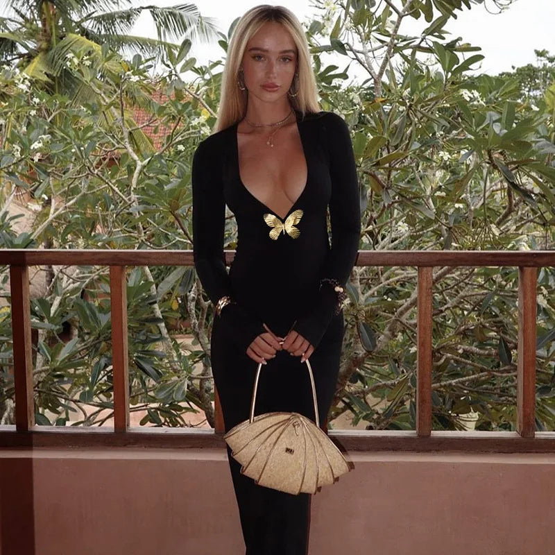 Black Fishtail Dress Dramatic Style with Butterfly Mssaz Desses