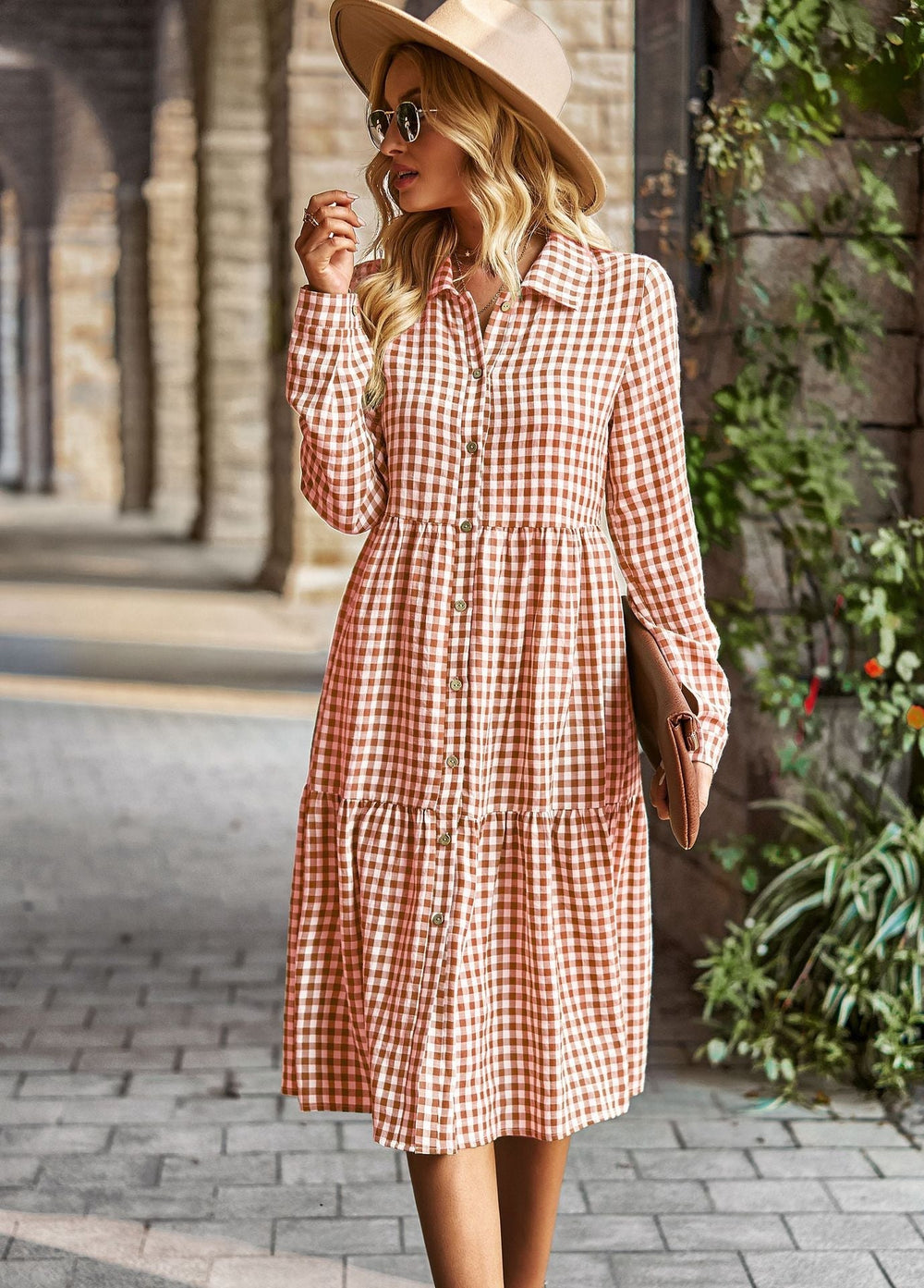 Plaid Print A-line Long Sleeve Shirt Dress Mssaz Desses