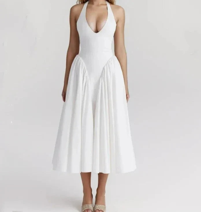 White Bow Halter Neck Pleated Midi Dress Mssaz Desses