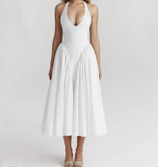 White Bow Halter Neck Pleated Midi Dress Mssaz Desses