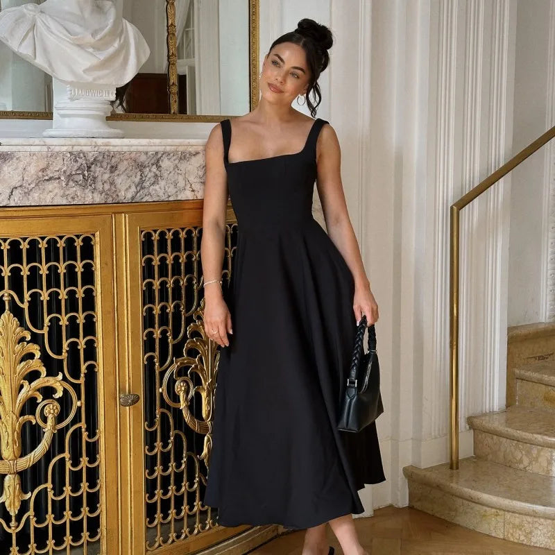 Black Maxi Dress Square Neck Spaghetti Straps Mssaz Desses