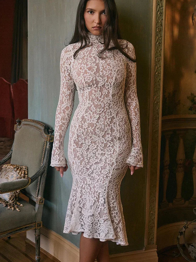 Lace White Long Sleeve Turtleneck Dress Mssaz Desses