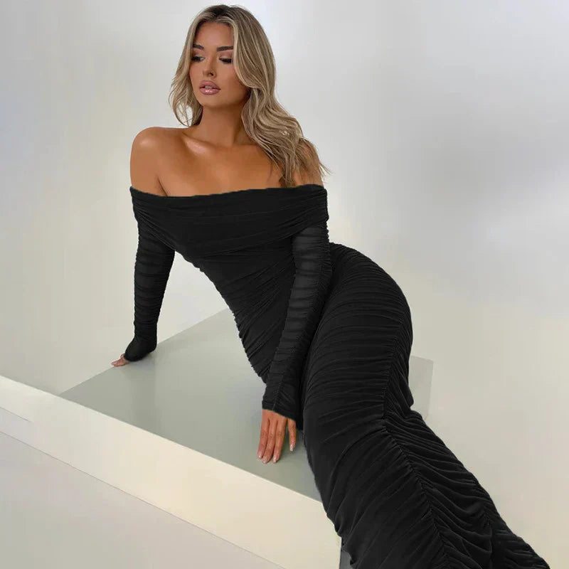 Off-shoulder Slash Neck Solid Maxi Dress Mssaz Desses