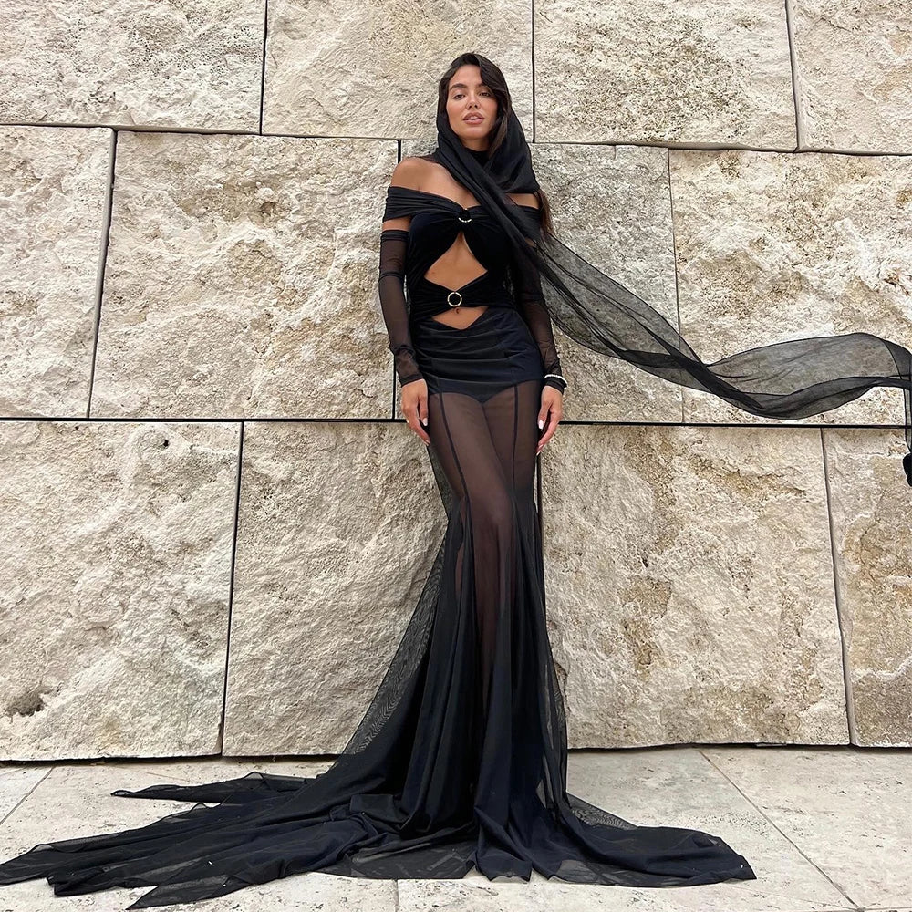 Off The Shoulder Mesh Folded Scarf Maxi Dress Mssaz Desses