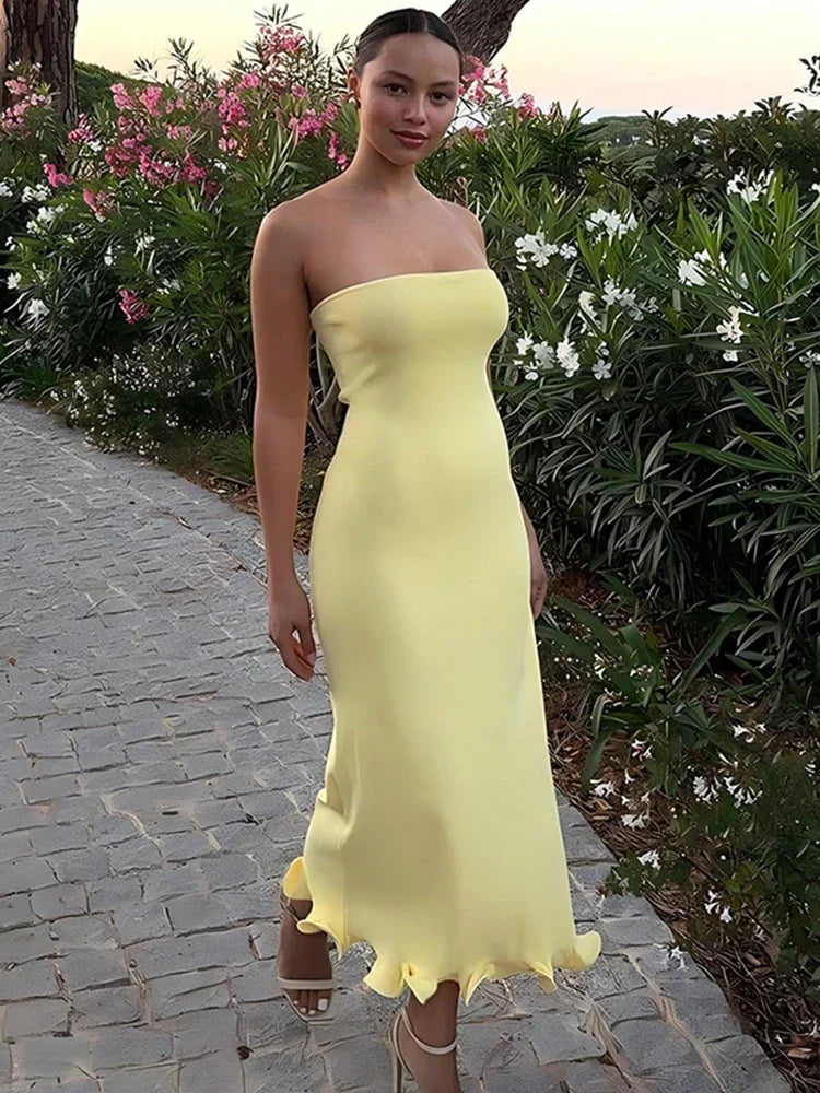Frill Trim Tube Midi Dress Mssaz Desses