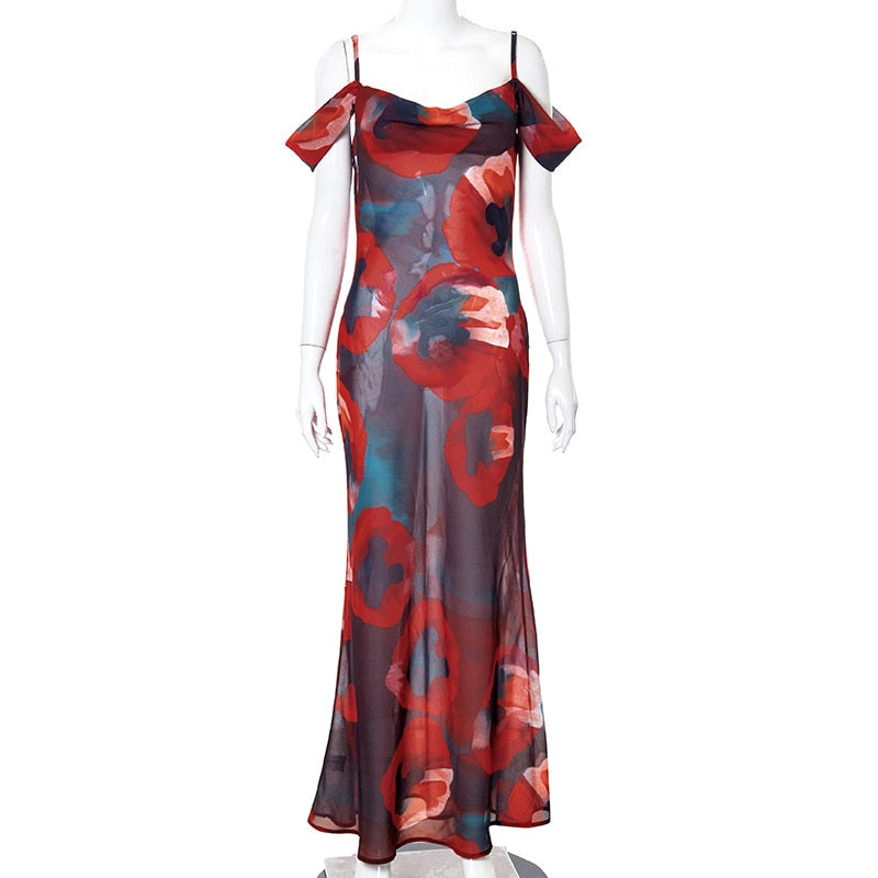Boho Floral Holiday  Evening Party Mesh Sundress Vacation Spaghetti A-line Mssaz Desses
