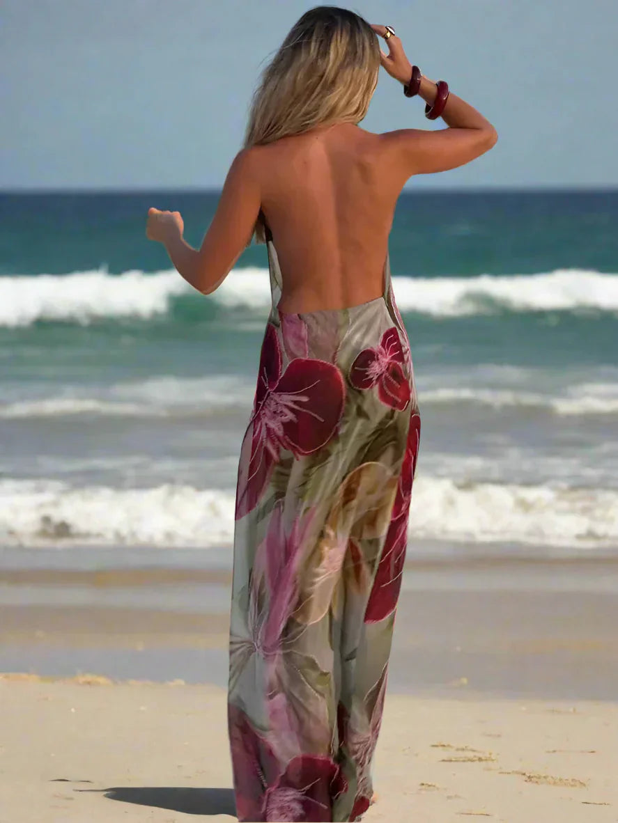 Floral Print Backless Halter Dress with Split for Women Mssaz Desses