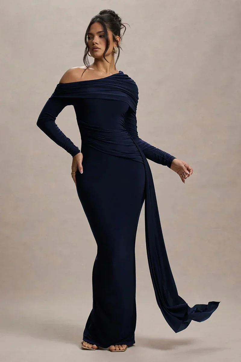 Skew Collar Long Sleeve Maxi Dress Mssaz Desses