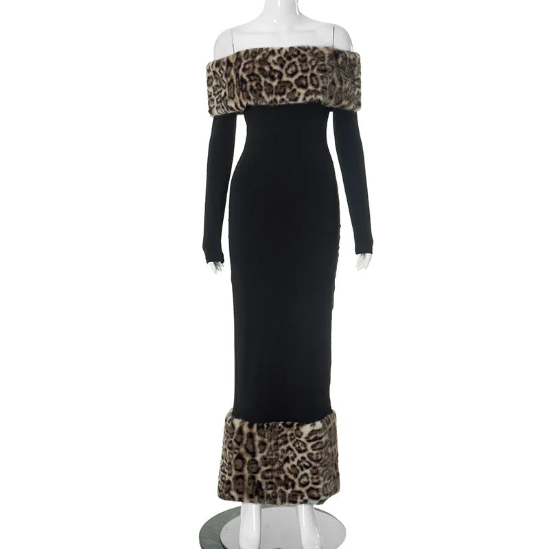 Leopard Print Fluff Splicing Maxi Dress Mssaz Desses