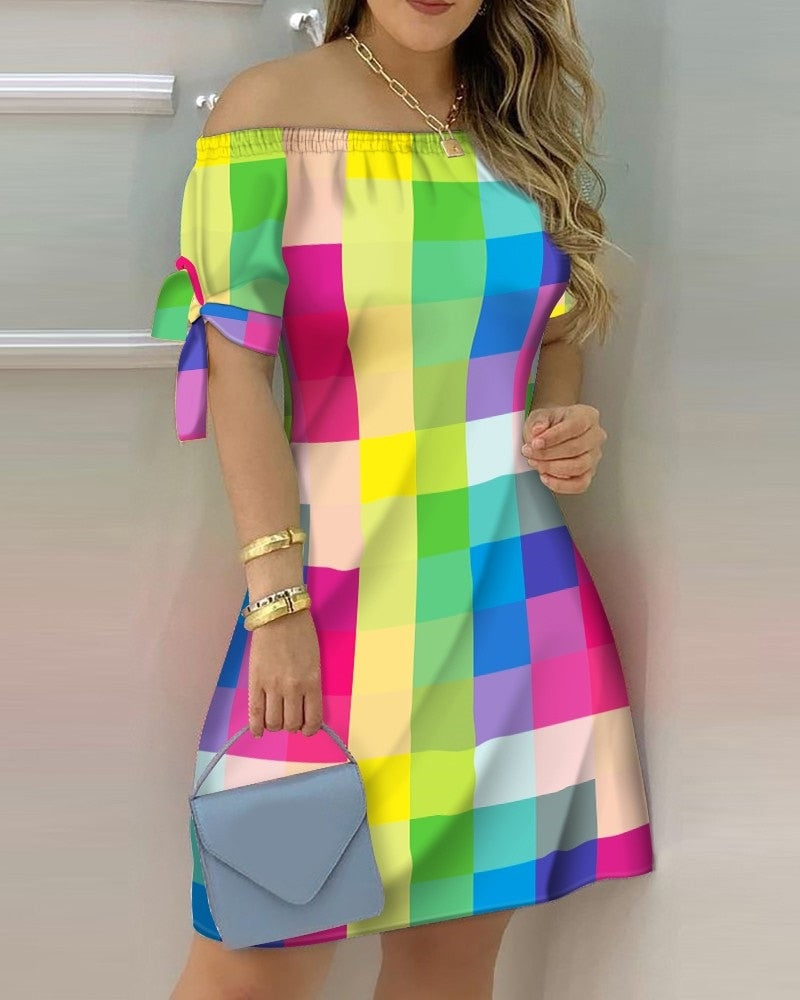 Off Shoulder  Mini Dress Short Sleeve Bow Tie Striped Plaid Floral Vestidos Mssaz Desses