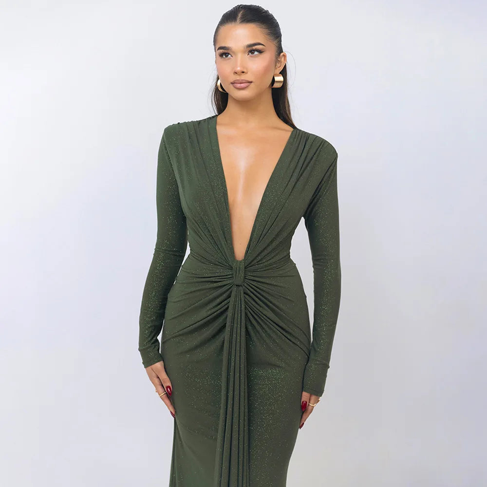 Elastic Deep V-Fold Lace Maxi Dress Mssaz Desses