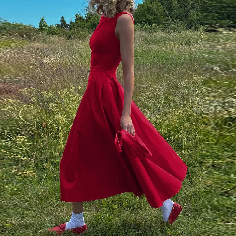 Straight Neck Sleeveless Flare Midi Dress Mssaz Desses