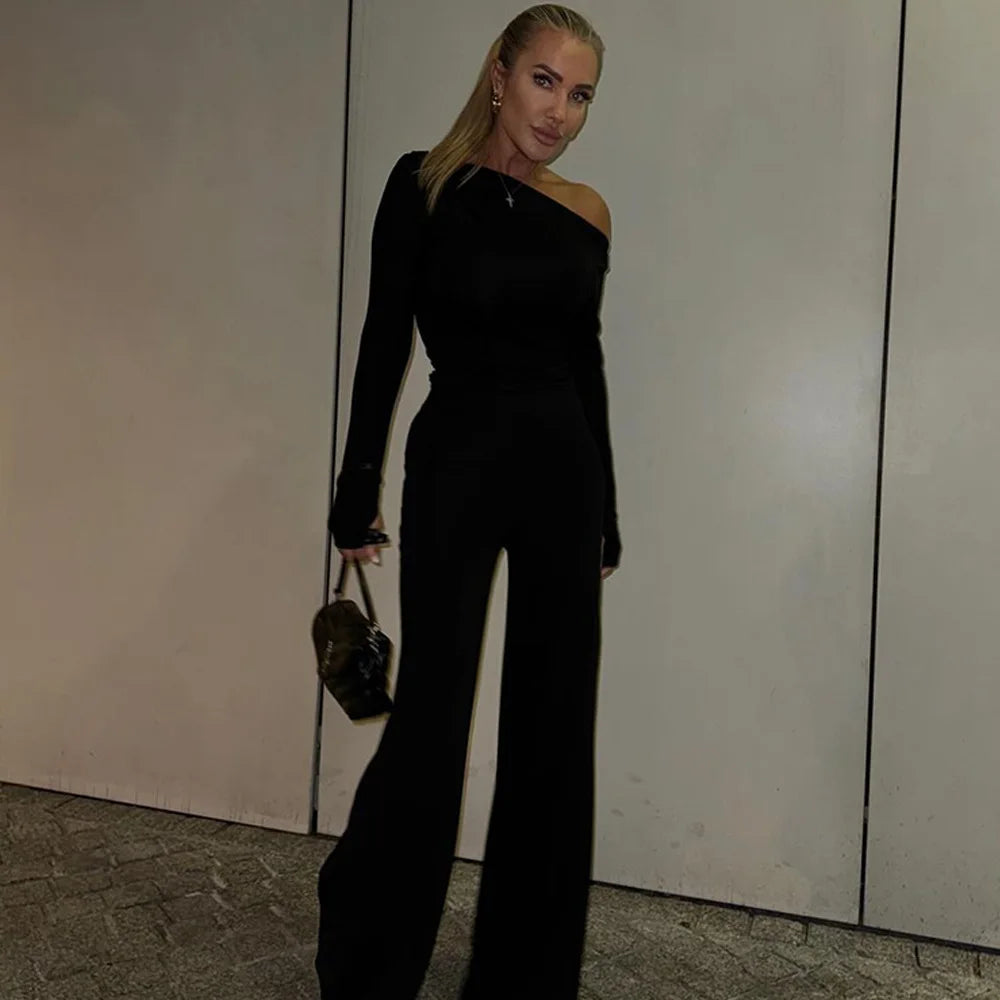 One Shoulder Flare Sleeve Top Long Pant Suit Mssaz Desses