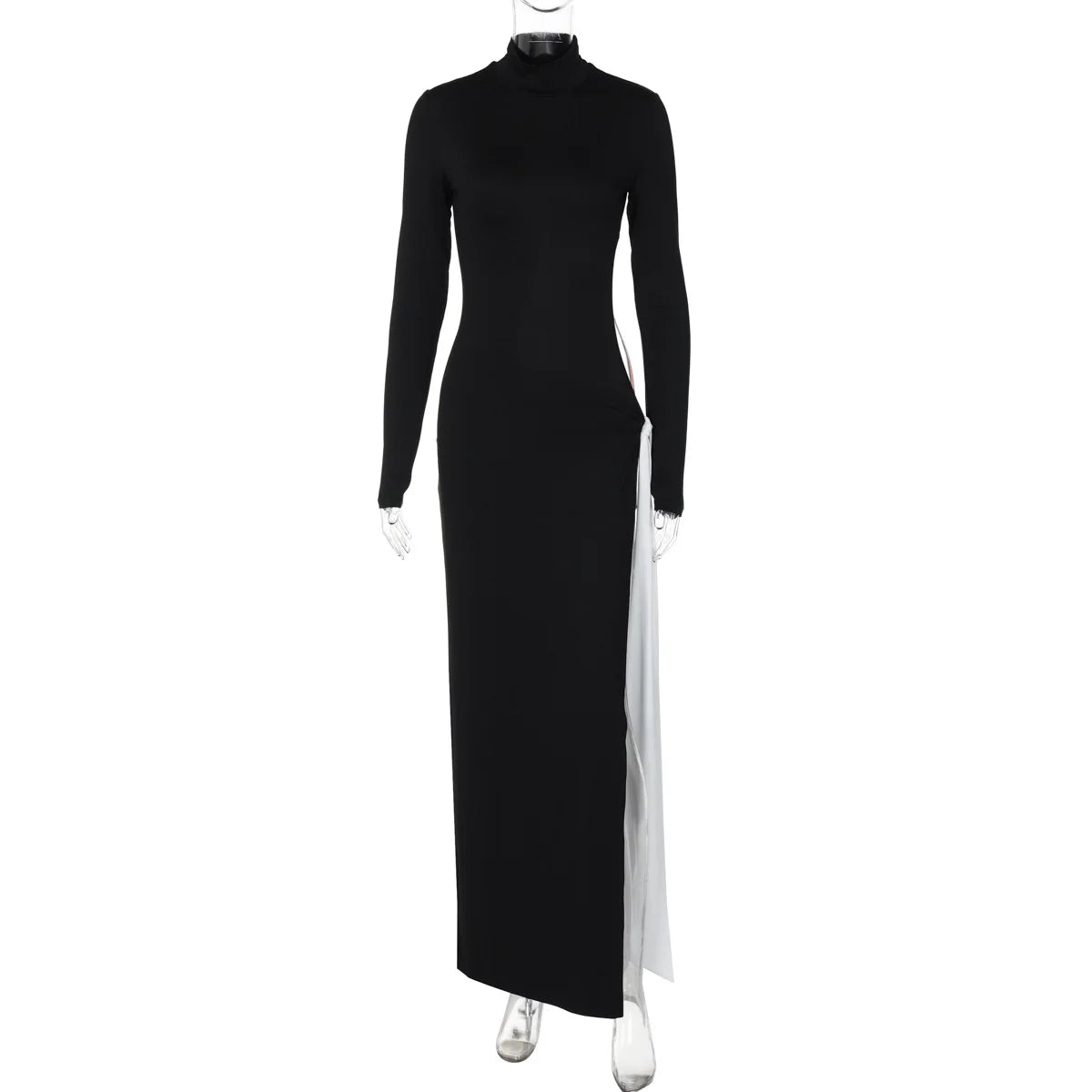 Turtleneck High Slit Contrast Color Ribbon Dress Mssaz Desses