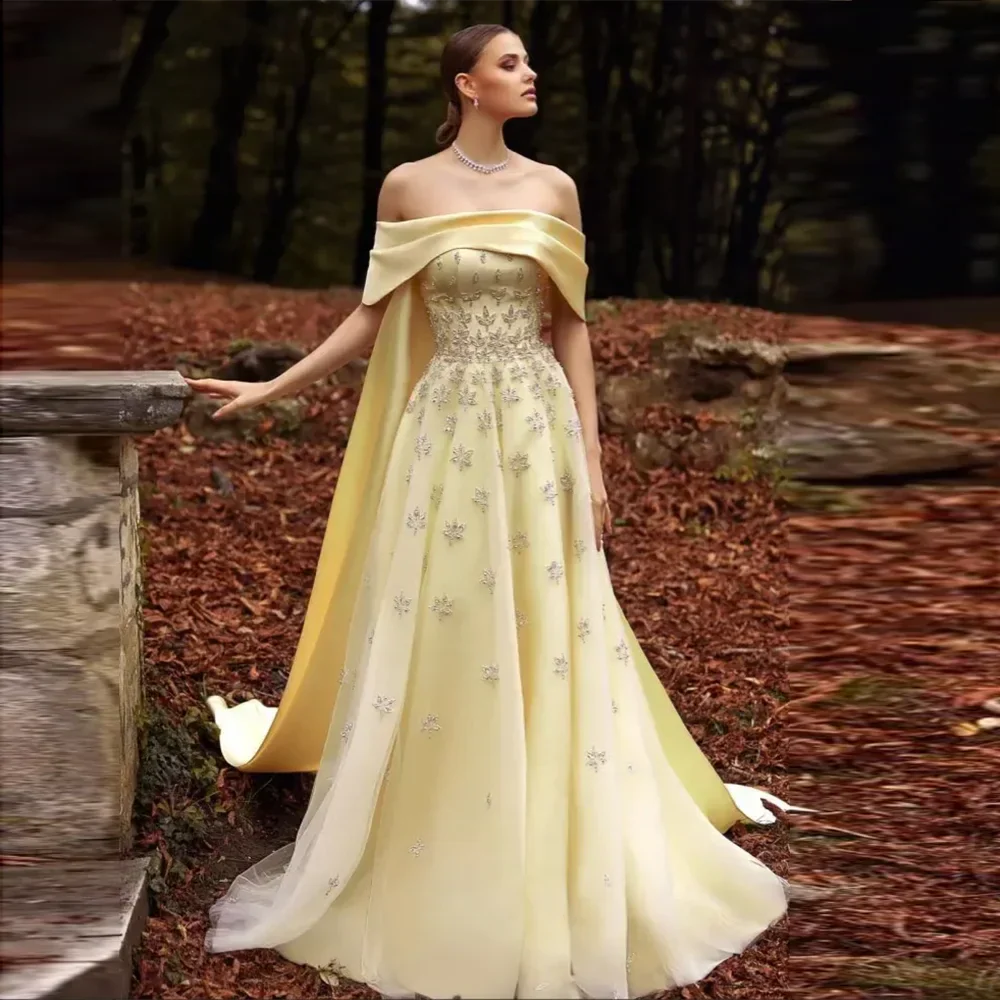 Yellow Satin Evening Gown with Cape Mssaz Desses