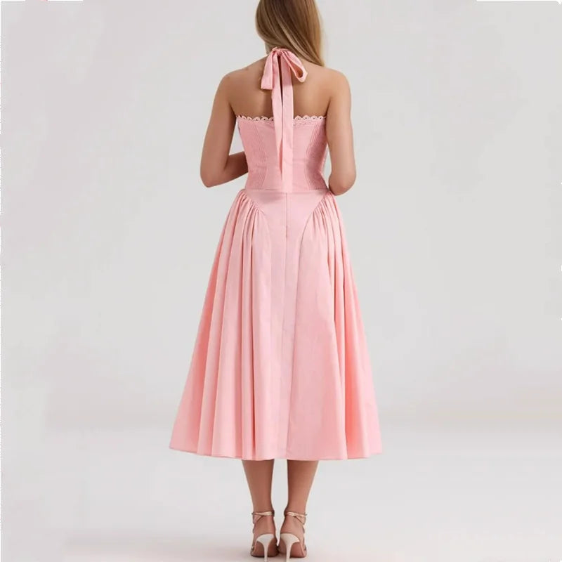Corset Style Bow Halter Spliced Lace Midi Dress Mssaz Desses