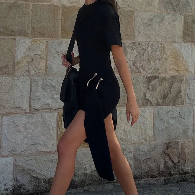 Short Sleeve Draped Black Metal Buckle Mini Dress Mssaz Desses