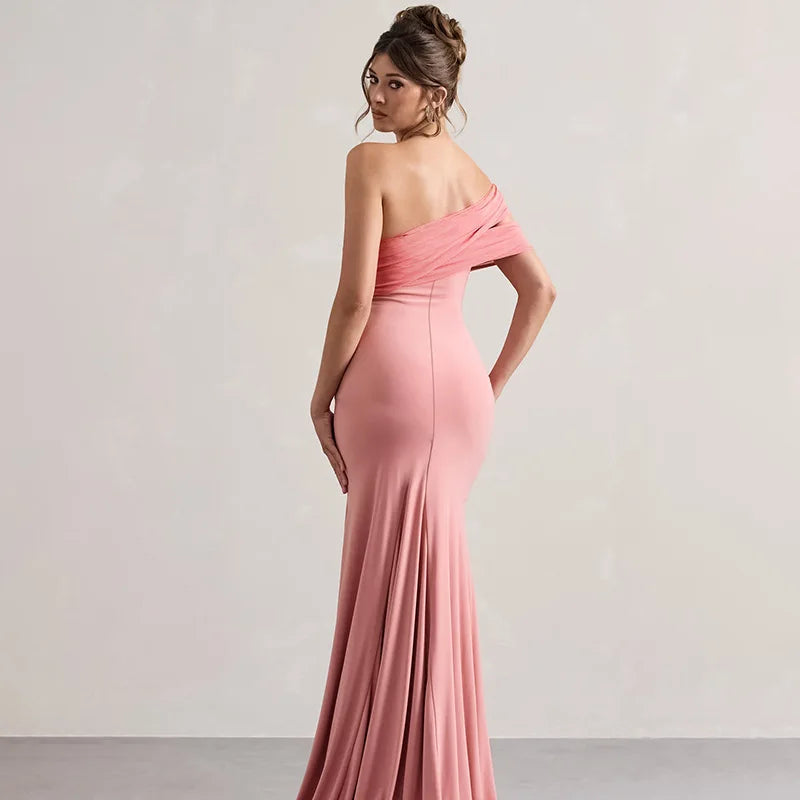Solid One Shoulder Mesh Slit Long Dress Mssaz Desses