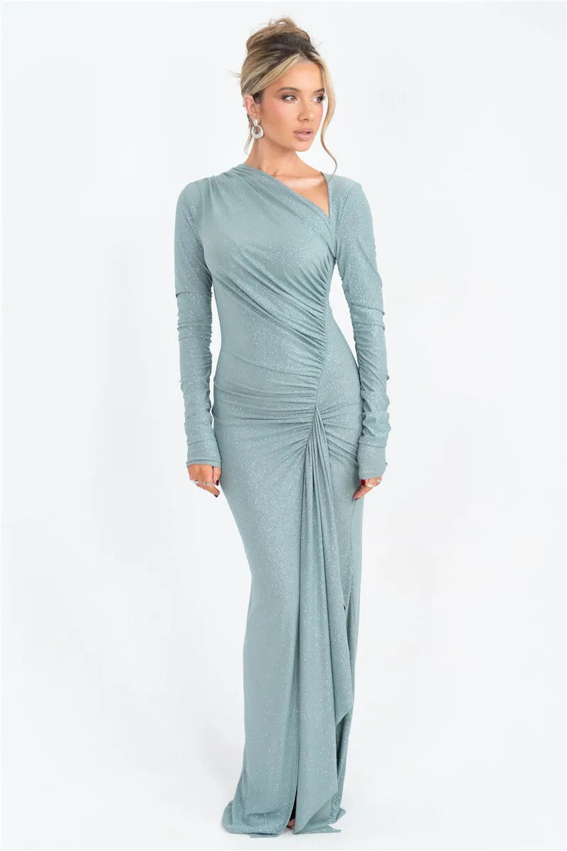 Long Sleeve Ruched Maxi Dress with Thigh-High Split Mssaz Desses